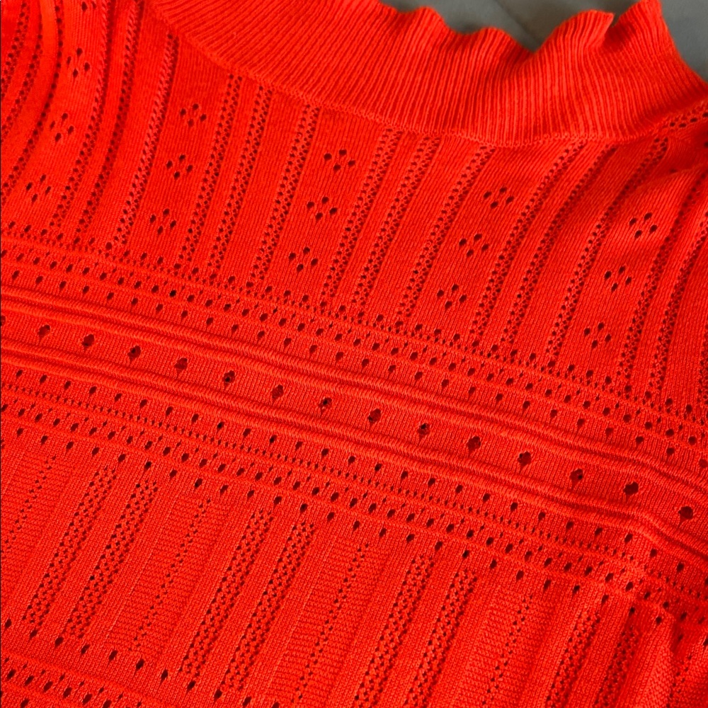 Vibrant Red Orange Knit Crochet Pointelle Sweater NEW Ruffle Hem S Romantic Crew - Picture 5 of 7